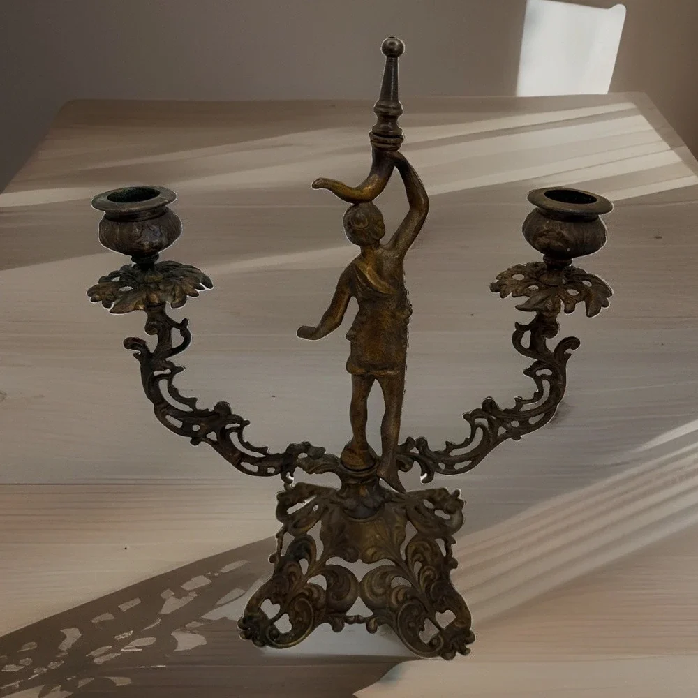 Vintage Bronze Candelabra Lady Figurine 2-Arm Candle Holder Ornate Victorian Bro